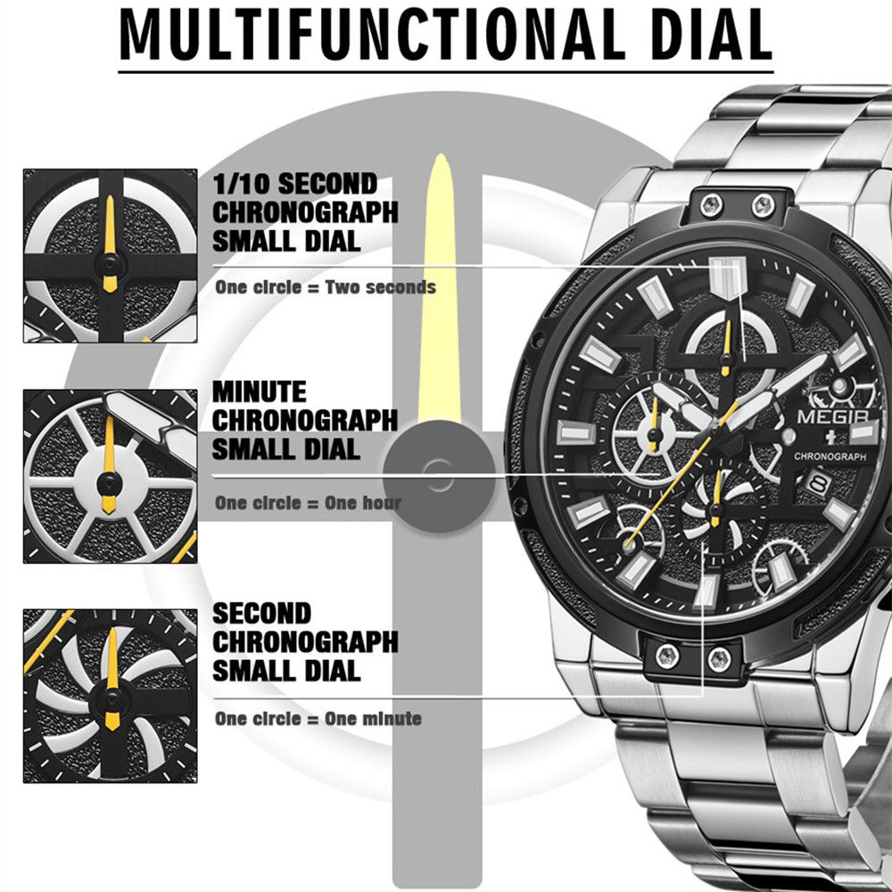 MEGIR Luxury Business Watches for Man Stainless Steel Strap Quartz Casual Wristwatch Waterproof Calendar Men Chronograph 2108
